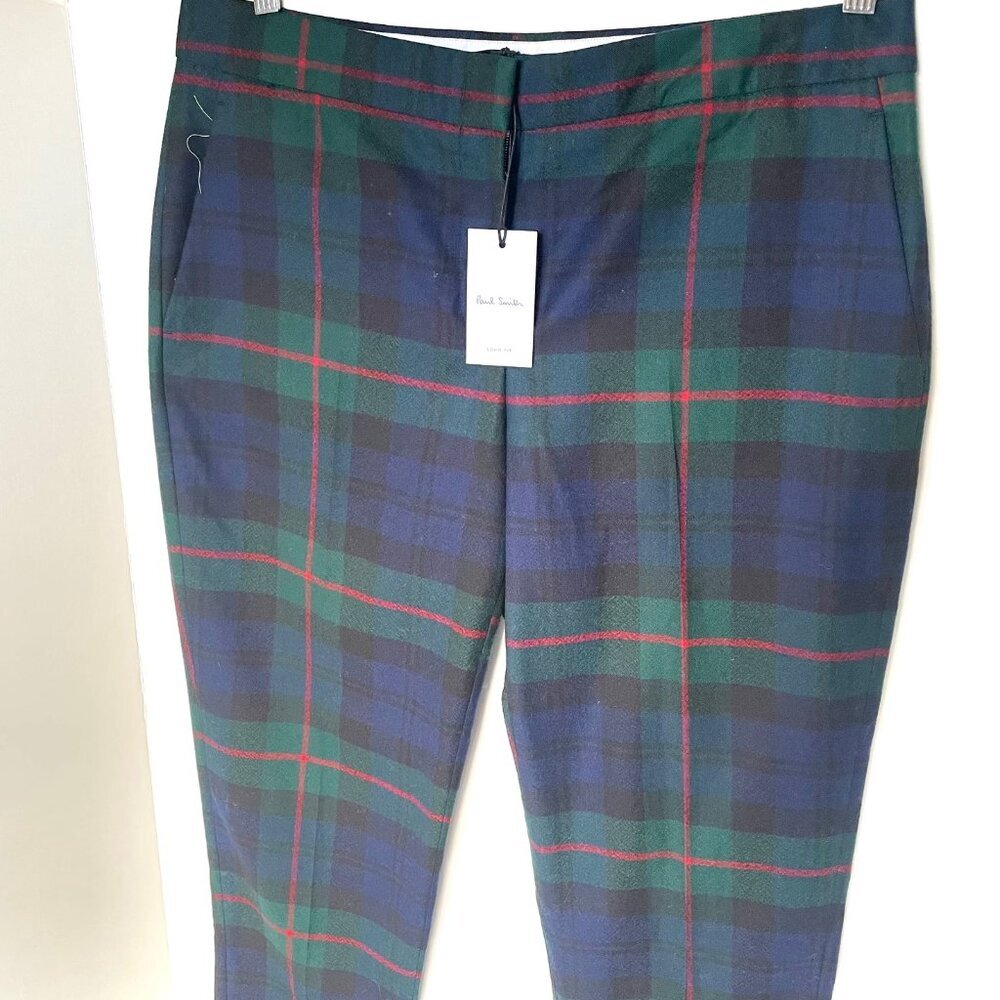 Paul Smith Wool Tartan Pant Womens 10/46 Blue Green Tapered Slim Tailored Fall - Picture 9 of 10